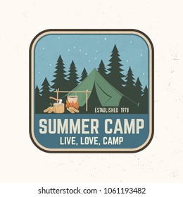 Summer camp patch. Vector illustration. Concept for shirt or print, stamp, patch or tee. Vintage typography design with camper tent, pot on the fire, axe and night sky silhouette.