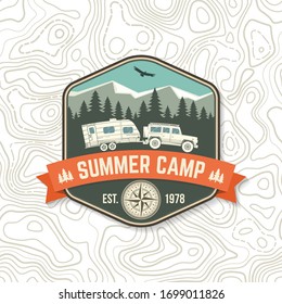 Summer camp patch. Vector illustration. Concept for shirt or logo, print, stamp or tee. Vintage typography design with camper trailer, forest and mountain silhouette.