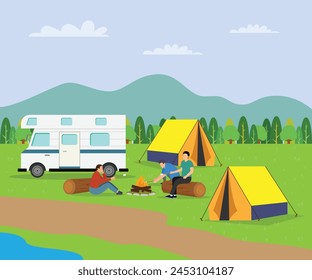 Campamento de verano con gente sentada cerca de la Ilustración vectorial plana de hoguera