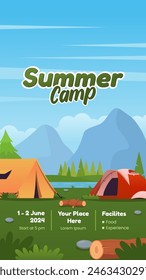 Summer camp portrait poster, with 2 tents near the river and mountain view vector illustration. include an event information detail below. Suitable for camping event posters, flyers and others