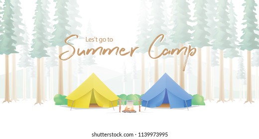Summer Camp Poster or banner that the yellow & blue camp is middle in the forest illustration vector. Camping concept.
