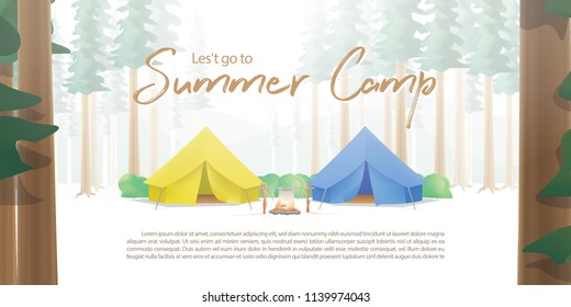 Summer Camp Poster or banner that the yellow & blue camp is middle in the forest with trees on foreground