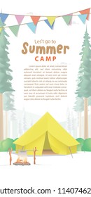 Summer Camp Poster or banner that the yellow camp is middle in the forest background and flag illustration vector. Camping concept.