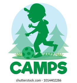 Summer camp poster with boy playing soccer cartoon character vector illustration.