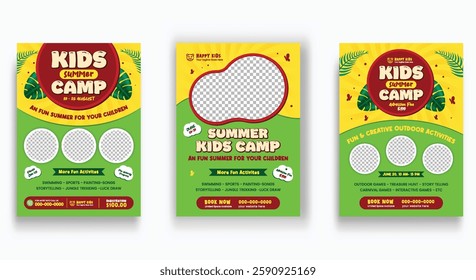 Summer camp poster. Child journey, camping flyer. School kids vacation flyer design, fun, enjoy adventures poster template