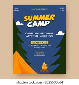 Summer Camp Poster Design With Bonfire, Tent And Tree On Blue Background.