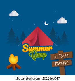 Summer Camp Poster Design With Bonfire, Wooden Board And Tent On Blue Nighttime Background.