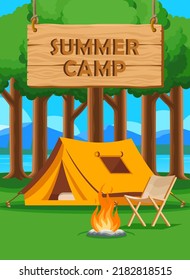 Summer Camp poster design in cartoon vector style. Forest camping with a wooden signpost. Woods and mountains on the background. Orange tent, chair and bonfire. Cartoon landscape with trees