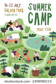 Summer camp, poster design. Invitation card, backpacking and outdoor tourism. Promotion flyer, vertical ad banner, tourists campers relaxing in nature, picnic at campsite. Flat vector illustration