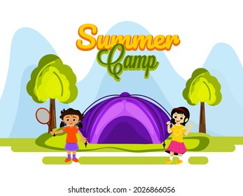 Summer Camp Poster Design With Little Girls Enjoying On Abstract Nature Background.