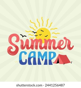 Summer camp poster design with sun, birds, tint vector illustration. Summer camp retro lettering banner. Summer days template design. summer t shirt design