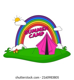 Diseño De Afiches De Campamento De Verano Con Carpa, Arcoiris, Sol, Nube, Setas Sobre Naturaleza Verde Y Fondo Blanco.