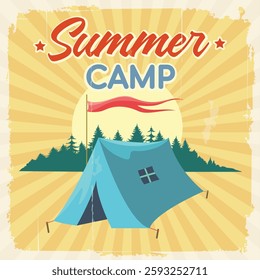 Summer camp poster design. Camp tent and wild forest vector illustration