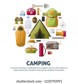 Summer camp poster of forest and hiking camping tools.