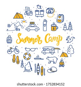 Summer Camp poster. Hand drawn camping and outdoor recreation elements in two tone design.  Camping equipment vector collection. 