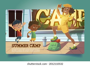 Summer camp poster with people going to hike