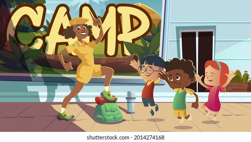 Summer camp poster with people going to hike