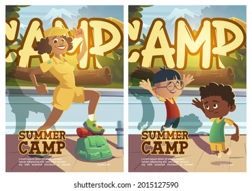 Summer camp poster with people going to hike