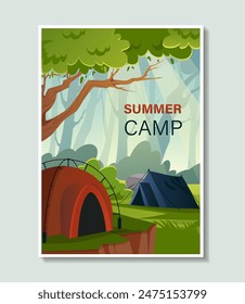 Summer camp poster. Red and blue tents in forest. Active lifestyle and leisure. Hiking and camping. Flyer and booklet. Cartoon flat vector illustration isolated on grey background
