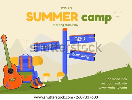 Summer camp poster with sign summer camp join us with sign vector with mushrooms, a guitar, a backpack and boots against a mountainous background and a green meadow
