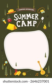 Modelo pôster acampamento de verão com espaço em branco e ícones de acampamento divertidos como barraca fogo guitarra bússola e marshmallow no fundo verde escuro