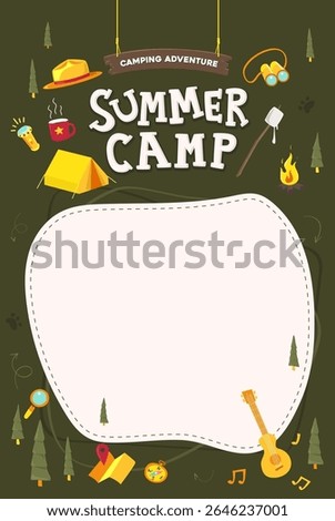 Summer camp poster template with blank space and fun camping icons like tent fire guitar compass and marshmallow on dark green background