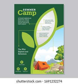 Summer Camp Poster Template, with environmental modern layout and beautiful nature camp site illustration