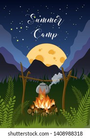 Summer camp poster template with night mountain, grass and moon landscape, campfire with boiling kettle and text on starry sky background. Vector Illustration.