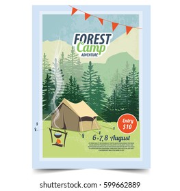 Summer camp poster. Tent, Campfire, Pine forest and rocky mountains background,