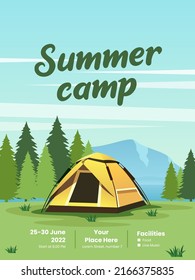 Afiche del campamento de verano, con carpa e ilustración del vector de montaña. Adecuado para el afiche del camping y otros