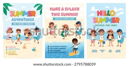 Summer camp posters set with cute cartoon kids on the beach. Children enjoying summer vacation, swimming, playing with sand and surfing. Vector banners for school holiday activities.