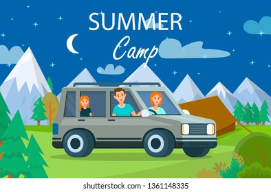 Summer Camp Rectangle Banner. Couple of Parents and Girl Stand by Car at Tent on Beautiful Night Mountains Background. Family Traveling at Nature Landscape. Cartoon Flat Vector Illustration, Icon.