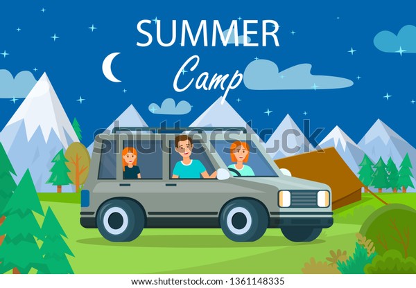 Summer Camp Rectangle Banner. Couple of Parents and\
Girl Stand by Car at Tent on Beautiful Night Mountains Background.\
Family Traveling at Nature Landscape. Cartoon Flat Vector\
Illustration, Icon.