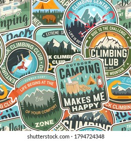 Summer Camp And Rock Climbing Colorful Seamless Pattern With Climber, Carabiner And Mountains. Vector Illustration. Background, Wallpaper, Seamless Pattern With Patches