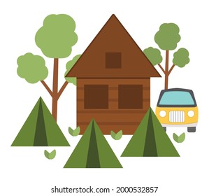 Escena del campamento de verano con casa, carpa verde, camioneta, bosque. Ilustración de fogata vectorial. Vacaciones activas o diseño de paisajes forestales de turismo local para postales, impresiones, infografías.
