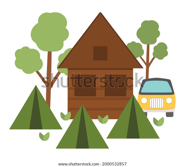 Summer camp\
scene with house, green tent, van, forest. Vector campfire\
illustration. Active holidays or local tourism woodland landscape\
design for postcards, prints,\
infographics.\
