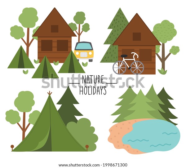 Summer camp scenes set with house, lake,\
tent, van, forest. Vector campfire illustration. Active holidays or\
local tourism woodland landscape design pack for postcards, prints,\
infographics.\
