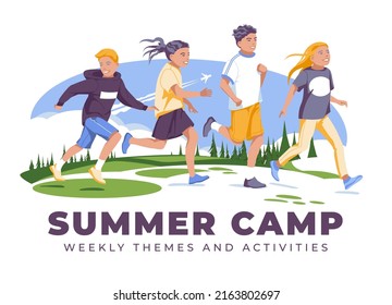 Summer camp for schoolchildren. Happy children running and jumping on the background of an open field with coniferous forest and sky. Flat vector illustration