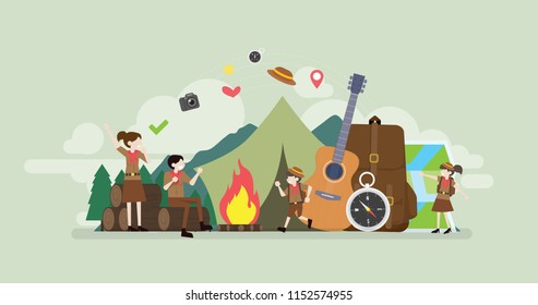 Summer Camp Scout Children Camping Tiny People Character Concept Vector Illustration, Suitable For Wallpaper, Banner, Background, Card, Book Illustration, And Web Landing Page