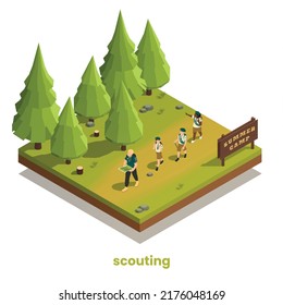 Summer camp scouting isometric composition with group of children hiking in forest following instructor with map 3d vector illustration