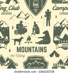 Summer camp seamless pattern or background. Vector illustration. Retro typography design with rv trailer, tent, mountain, campfire, hiker and forest silhouette. For camping and hiking organizations