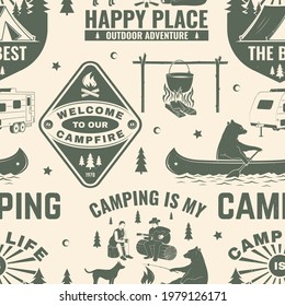 Summer camp seamless pattern or background. Vector Seamless scene with quad bike, tent, mountain, camper trailer and forest silhouette. Outdoor adventure background for wallpaper or wrapper.