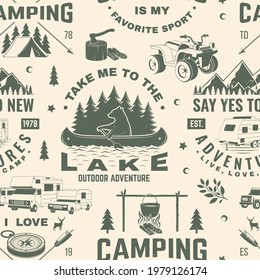 Summer camp seamless pattern or background. Vector Seamless scene with quad bike, tent, mountain, camper trailer and forest silhouette. Outdoor adventure background for wallpaper or wrapper.