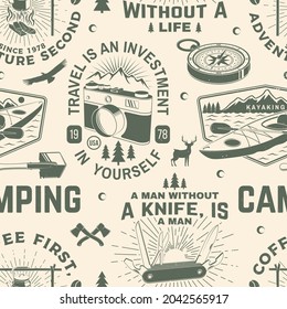 Summer camp seamless pattern or background. Vector. Seamless scene with photo camera, kayak , mountain, pocket knife and forest silhouette. Outdoor adventure background for wallpaper or wrapper.