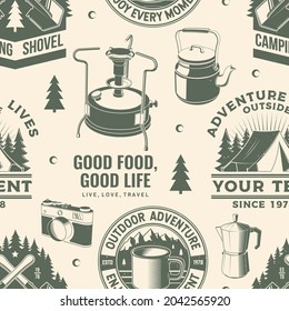 Summer camp seamless pattern or background. Vector. Seamless scene with primus, coffee maker, camper tent, shovel and forest silhouette. Outdoor adventure background for wallpaper or wrapper.