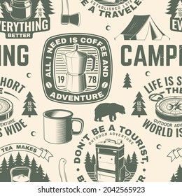 Summer camp seamless pattern or background. Vector. Seamless scene with metallic coffee maker , backpack, mug, camping tent, compass silhouette. Outdoor adventure background for wallpaper or wrapper.