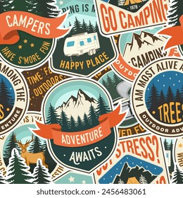 Summer camp seamless pattern or background. Vector. Fabric, textile, wallaper. The images are created without the use of any artificial intelligence software at any stage.