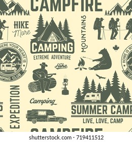 Summer camp seamless pattern or background. Vector illustration. Retro  typography design with rv trailer, tent, mountain, campfire, hiker and forest silhouette. For camping and hiking organizations