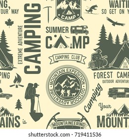 Summer camp seamless pattern or background. Vector illustration. Retro  typography design with rv trailer, tent, mountain, campfire, hiker and forest silhouette. For camping and hiking organizations