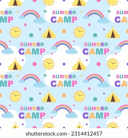 Summer Camp Seamless Pattern Design of Camping and Traveling in Template Hand Drawn Cartoon Flat Illustration